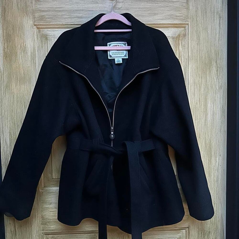 Vintage Copper Key 100% Wool Coat Womens XL Black Belted Zip Jacket 90s